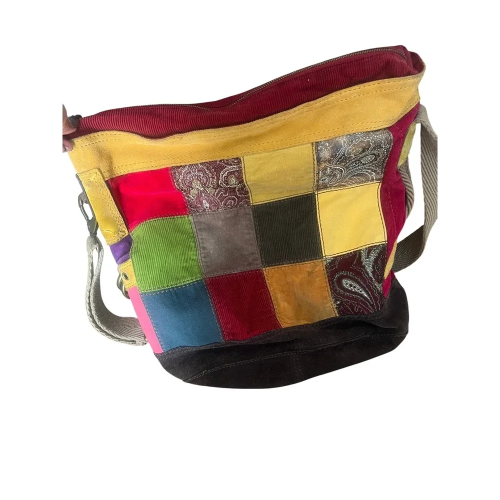 Lucky Brand Patchwork Boho Hobo Bag Corduroy Suede Multi-Color Crossbody Vintage